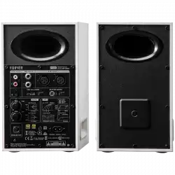 Edifier MR5 Active Studio Monitors (Tri-amped), BT V6.0, Balanced XLR, Balanced TRS, RCA and AUX, which headphone output, 5-inch woofers, 3.75-inch mid-range drivers, and 1-inch silk dome tweeters, 110W (RMS), Room Acoustic Compensation, White