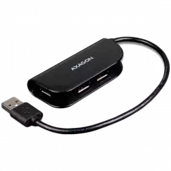Handy four-port USB 2.0 hub with a permanently connected USB cable. Black.