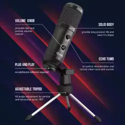 LORGAR Soner 313, Gaming Microphones, Black, USB condenser microphone with Volume Knob & Echo Kob, including 1x Microphone, 1 x 2.5M USB Cable, 1 x Tripod Stand, 1 x User Manual, body size: Φ47.4*158.2*48.1mm, weight: 243.0g