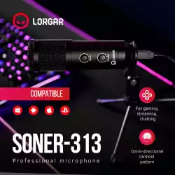 LORGAR Soner 313, Gaming Microphones, Black, USB condenser microphone with Volume Knob & Echo Kob, including 1x Microphone, 1 x 2.5M USB Cable, 1 x Tripod Stand, 1 x User Manual, body size: Φ47.4*158.2*48.1mm, weight: 243.0g