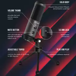 LORGAR Voicer 521, Gaming Microphone, Black, USB condenser mic with Volume Knob, 3.5MM headphonejack, mute button and led indicator, package including 1x F5 Microphone, 1 x 2M type-C USB Cable, 1 xTripod Stand
