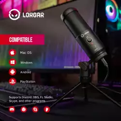LORGAR Voicer 521, Gaming Microphone, Black, USB condenser mic with Volume Knob, 3.5MM headphonejack, mute button and led indicator, package including 1x F5 Microphone, 1 x 2M type-C USB Cable, 1 xTripod Stand