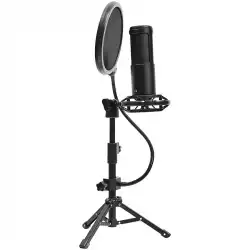 LORGAR Voicer 721, Gaming Microphone, Black, USB condenser microphone with tripod stand, pop filter, including 1 microphone, 1 Height metal tripod, 1 plastic shock mount, 1 windscreen cap, 1,2m metel type-C USB cable, 1 pop filter, 154.6x56.1mm