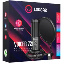 LORGAR Voicer 721, Gaming Microphone, Black, USB condenser microphone with tripod stand, pop filter, including 1 microphone, 1 Height metal tripod, 1 plastic shock mount, 1 windscreen cap, 1,2m metel type-C USB cable, 1 pop filter, 154.6x56.1mm