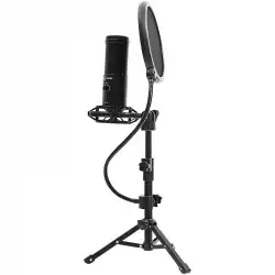 LORGAR Voicer 721, Gaming Microphone, Black, USB condenser microphone with tripod stand, pop filter, including 1 microphone, 1 Height metal tripod, 1 plastic shock mount, 1 windscreen cap, 1,2m metel type-C USB cable, 1 pop filter, 154.6x56.1mm
