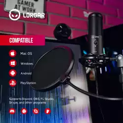 LORGAR Voicer 721, Gaming Microphone, Black, USB condenser microphone with tripod stand, pop filter, including 1 microphone, 1 Height metal tripod, 1 plastic shock mount, 1 windscreen cap, 1,2m metel type-C USB cable, 1 pop filter, 154.6x56.1mm