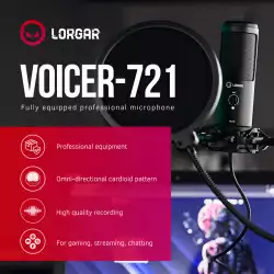 LORGAR Voicer 721, Gaming Microphone, Black, USB condenser microphone with tripod stand, pop filter, including 1 microphone, 1 Height metal tripod, 1 plastic shock mount, 1 windscreen cap, 1,2m metel type-C USB cable, 1 pop filter, 154.6x56.1mm
