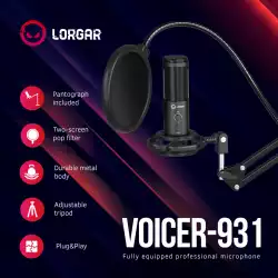LORGAR Voicer 931, Gaming Microphone, Black, USB condenser microphone with boom arm stand, pop filter, tripod stand. including 1* microphone, 1*Boom Arm Stand with C-clamp, 1*shock mount, 1*pop filter, 1*windscreen cap, 1*2.5m type-C USB cable, 1* Extra tripod