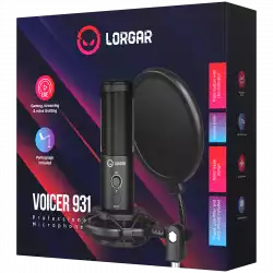 LORGAR Voicer 931, Gaming Microphone, Black, USB condenser microphone with boom arm stand, pop filter, tripod stand. including 1* microphone, 1*Boom Arm Stand with C-clamp, 1*shock mount, 1*pop filter, 1*windscreen cap, 1*2.5m type-C USB cable, 1* Extra tripod