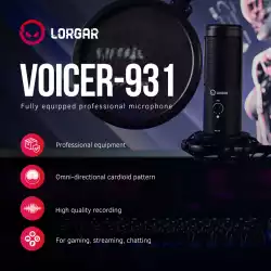 LORGAR Voicer 931, Gaming Microphone, Black, USB condenser microphone with boom arm stand, pop filter, tripod stand. including 1* microphone, 1*Boom Arm Stand with C-clamp, 1*shock mount, 1*pop filter, 1*windscreen cap, 1*2.5m type-C USB cable, 1* Extra tripod