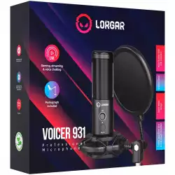 LORGAR Voicer 931, Gaming Microphone, Black, USB condenser microphone with boom arm stand, pop filter, tripod stand. including 1* microphone, 1*Boom Arm Stand with C-clamp, 1*shock mount, 1*pop filter, 1*windscreen cap, 1*2.5m type-C USB cable, 1* Extra tripod