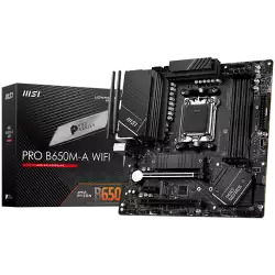 MSI Main Board Desktop PRO B650M-A WIFI (AM5, 4x DDR5, HDMI, DP, 2x PCI-E x16, 2x PCI-E x16, 2x M.2, 4x SATA 6G, 4x USB 2.0, 6x USB 3.2 Gen1 Type A, 4x USB 3.2 Gen2 Type A, 1x USB 3.2 Gen2 Type C, 2.5GLAN, Wi-Fi 6E, BT5.2) mATX