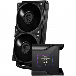 MSI MEG CORELIQUID S280 Liquid Cooler, 2x MEG SILENT GALE P14 1800rpm PWM Fans, 2.4” Customizable IPS Display, VRM Fan, Intel LGA 115x/1200/1700/2011/2066, AMD AM5/AM4/AM3+/AM3/AM2+/AM2/FM2+/FM2/FM1, 5Y Warranty