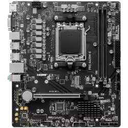 MSI PRO A620M-E, mATX, Socket AM5, Dual Channel DDR5 6800+MHz, 1x PCIe x16 slot, 1x M.2 slot, 1x HDMI, 1x VGA, 2x USB 3.2 Gen 1, 4x USB 2.0, 7.1 HD Audio, Realtek RTL8111H Gigabit LAN, 3Y
