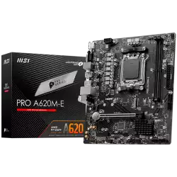 MSI PRO A620M-E, mATX, Socket AM5, Dual Channel DDR5 6800+MHz, 1x PCIe x16 slot, 1x M.2 slot, 1x HDMI, 1x VGA, 2x USB 3.2 Gen 1, 4x USB 2.0, 7.1 HD Audio, Realtek RTL8111H Gigabit LAN, 3Y