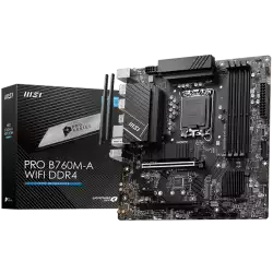 MSI PRO B760M-A WIFI DDR4, mATX, Socket 1700, Dual Channel DDR4 5333(OC)MHz, 2x PCIe x16 slots, 2x M.2 slots, 2x HDMI, 2x DP, 2x USB 3.2 Gen 2, 2x USB 3.2 Gen 1, 2x USB 2.0, 7.1 HD Audio, 2.5Gbps LAN, WI-FI 6E, BT, 3Y