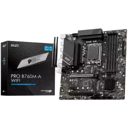 MSI PRO B760M-A WIFI, mATX, Socket 1700, Dual Channel 6800(OC)MHz, 2x PCIe x16 slots, 2x M.2 slots, 2x HDMI, 2x DP, 2x USB 3.2 Gen 2, 2x USB 3.2 Gen 1, 2x USB 2.0, 7.1 HD Audio, 2.5Gbps LAN, WI-FI 6E, BT, 3Y