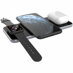 Prestigio ReVolt A5, 3-in-1 wireless charging station for iPhone, Apple Watch, AirPods, wilreless output for phone 7.5W/10W, wireless output for AirPods 5W, wireless output for Apple Watch 2.5W, material: aluminum+tempered glass, black+space grey color.
