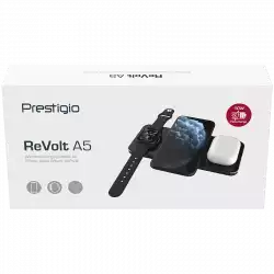 Prestigio ReVolt A5, 3-in-1 wireless charging station for iPhone, Apple Watch, AirPods, wilreless output for phone 7.5W/10W, wireless output for AirPods 5W, wireless output for Apple Watch 2.5W, material: aluminum+tempered glass, black+space grey color.