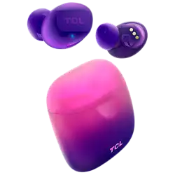 TCL In-Ear True Wireless Bluetooth Headset, Frequency of response 9-22K, Sensitivity 100 dB, Driver Size 5.8mm, Impedence 13 Ohm, Max power input 20mW, Playtime 6.5h/26h, IPX4, Bluetooth 5.0, A2DP, AVRCP, HFP, HS, USB-C, Color Sunrise Purple