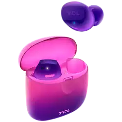TCL In-Ear True Wireless Bluetooth Headset, Frequency of response 9-22K, Sensitivity 100 dB, Driver Size 5.8mm, Impedence 13 Ohm, Max power input 20mW, Playtime 6.5h/26h, IPX4, Bluetooth 5.0, A2DP, AVRCP, HFP, HS, USB-C, Color Sunrise Purple