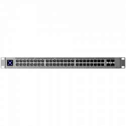 Ubiquiti 48-port, Layer 3 switch 2.5 GbE and PoE++ output, 16x 2.5 GbE ports including (8) PoE+ and (8) PoE++, 32x GbE ports including (24) PoE+ and (8) PoE++, 4x 10G SFP+ ports. Can power devices with up to 720W, it has power consumption of 100W (Excluding PoE output)