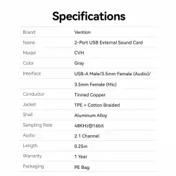 Vention външна звукова карта USB Sound card 2-Port 0.25M Gray - CVHHC
