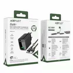 Acefast Универсално зарядно за стена Charger Wall GaN Quick Charge 18W - A90 with 1.2m cable - USB-A x 1, Black