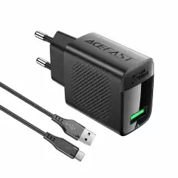 Acefast Универсално зарядно за стена Charger Wall GaN Quick Charge 18W - A90 with 1.2m cable - USB-A x 1, Black