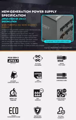 Darkflash захранване PSU ATX 3.1 1250W Gold, Full Modular, PCIe 5.1 - PMT1250 A3