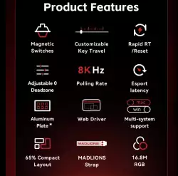 Madlions професионална геймърска механична клавиатура Professional Gaming Mechanical Keyboard MAD 60 HE Flagship V2 - 8K, Magnetic Amber Pro Switches - Black