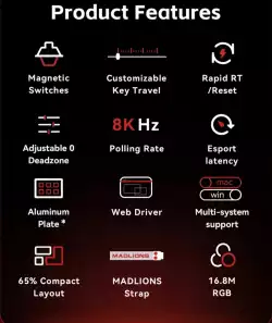 Madlions професионална геймърска механична клавиатура Professional Gaming Mechanical Keyboard MAD 60 HE Flagship - 8K, Magnetic Amber Pro Switches - Black