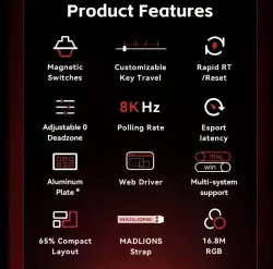 Madlions професионална геймърска механична клавиатура Professional Gaming Mechanical Keyboard MAD 60 HE Flagship V2 - 8K, Magnetic Amber Pro Switches - White