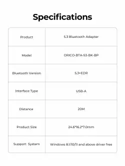 Orico блутут адаптер Bluetooth 5.3 USB adapter, black - BTA-53-BK