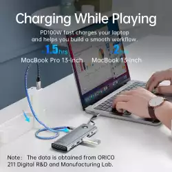 Orico докинг станция Docking Station Type-C - PW11-9P-GY-EP - HDMI x 1, VGA x 1, USB3.0 x 3, USB-C PD100W x 1, LAN x 1 (1Gbps), SD/TF
