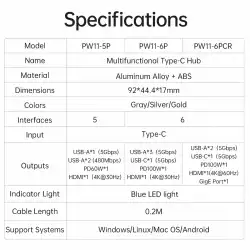 Orico докинг станция Docking Station Type-C - PW11-6PR-GY-EP - HDMI x 1, USB-C x 1, USB3.0 x 3, USB-C PD100W x 1, LAN x 1 (1Gbps)