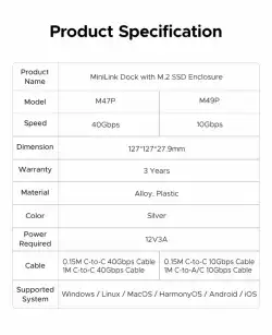Orico докинг станция SSD Docking station M.2 NVMe - USB4(40Gbps) x 1, USB3.2(10Gbps) x 3, M.2 SSD x 2, SD/TF 4.0 - MiniLink M47P-EU-SV