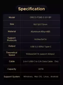 Orico докинг станция Storage - HDD/M.2 Dock - 2 BAY Offline Clone 2.5/3.5/M.2 NVMe USB-C/USB-A - IT28E-C-EU-GY