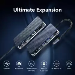 Orico докинг станция Type-C Docking Station Power Distribution 3.0 100W - HDMI, Type-C x 1, USB3.0 x 3, USB 2.0 x 1, LAN, SD, VGA, Audio - WB-11P-GY
