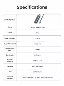 Orico хъб HUB USB3.0 4 port, Aluminium, Grey - PDD4U-U3-015-GY