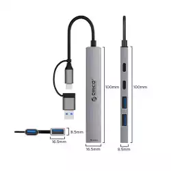 Orico хъб HUB USB-C 5 port - USB3.0 x 1, USB2.0 x 2, USB-C x 2, Aluminium - YSA4-U2-GY