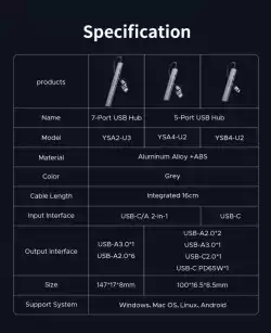Orico хъб HUB USB-C 5 port - USB3.0 x 1, USB2.0 x 2, USB-C x 2, Aluminium - YSB4-U2-GY
