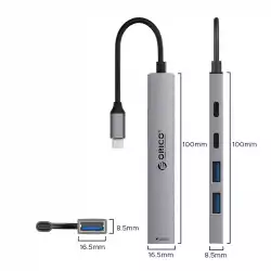 Orico хъб HUB USB-C 5 port - USB3.0 x 1, USB2.0 x 2, USB-C x 2, Aluminium - YSB4-U2-GY