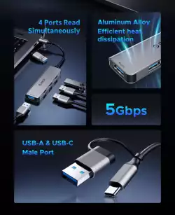 Orico хъб HUB USB-C/A 4 port - USB3.0 x 1, SD/TF x 2, USB2.0 x 2, USB-C x 2, Aluminium - YSA6-U3-GY