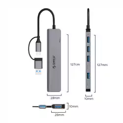 Orico хъб HUB USB-C/USB-A 7 port - USB-C x 2, USB3.0 x 1, USB2.0 x 4, Aluminium - YSA7-U3-GY