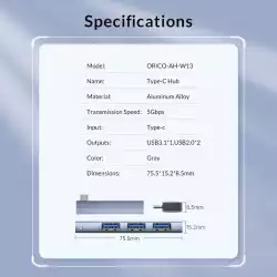 Orico хъб USB3.0/2.0 HUB 3 port TYPE C, Aluminum - AH-W13-GY
