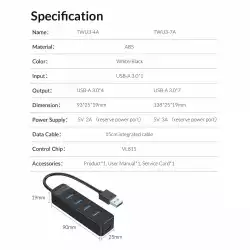 Orico хъб USB3.0 HUB 4 port - Type C input, 0.15m cable, aux Type-C power input - TWU3-4A-BK