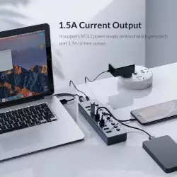 Orico хъб USB3.0 HUB 7 port with Power Adapter, On/Off buttons, Aluminium - BT2U3-7AB-EU-GY