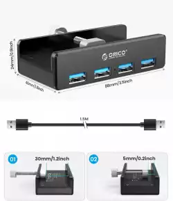 Orico хъб USB 3.0 HUB Clip Type 4 port - aux Micro-USB power input, Black - MH4PU-P-BK