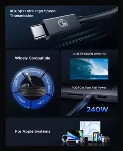 Orico кабел Cable Thunderbolt 5 / USB4 - USB-C 80Gbps PD240W 1m Black - TBZ5-10-BK